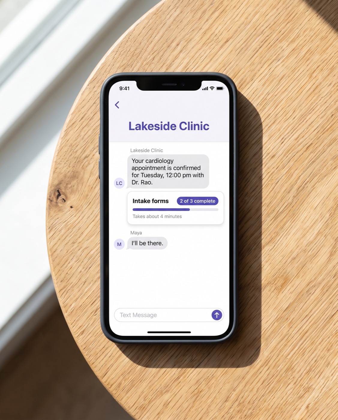 An appointment confirmed and intake forms completed in the patient's own channel