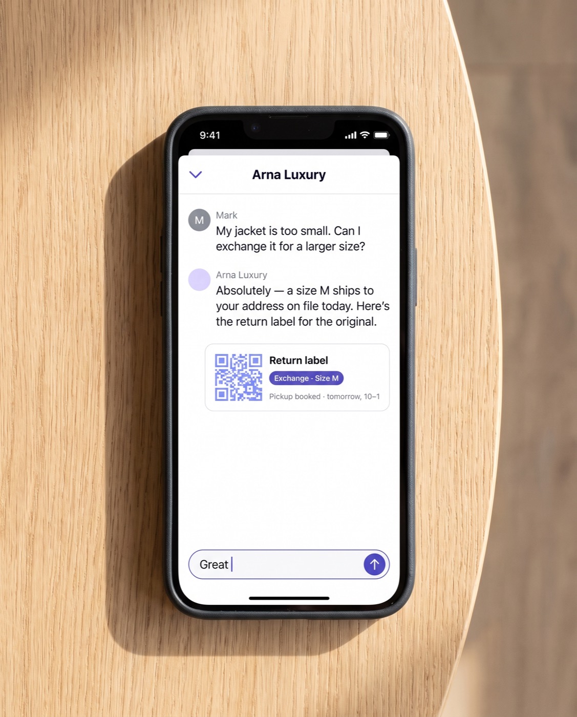 A size exchange resolved in chat — reply, return label and pickup, in one conversation