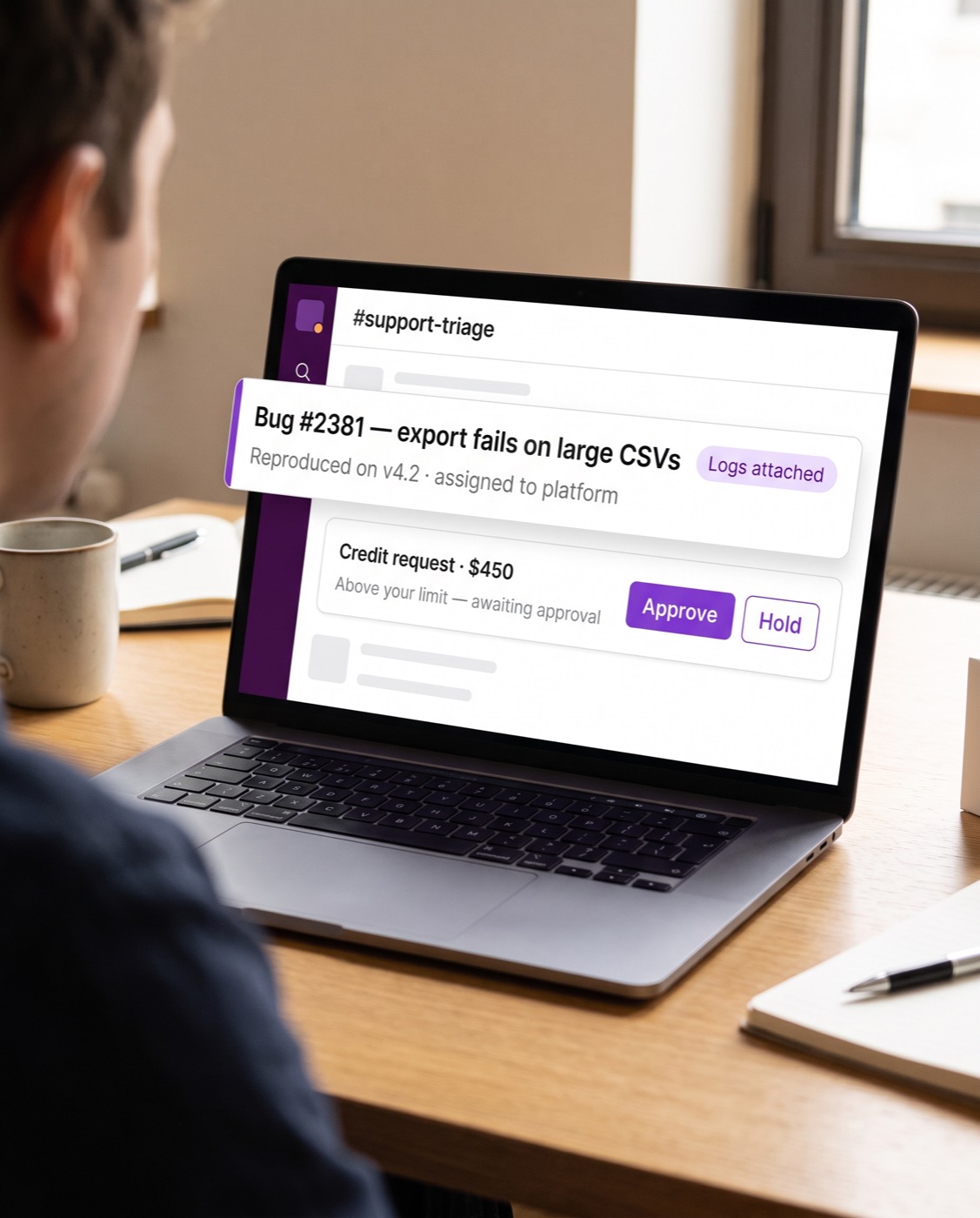 A bug triaged with logs attached; a credit above the limit waiting for approval