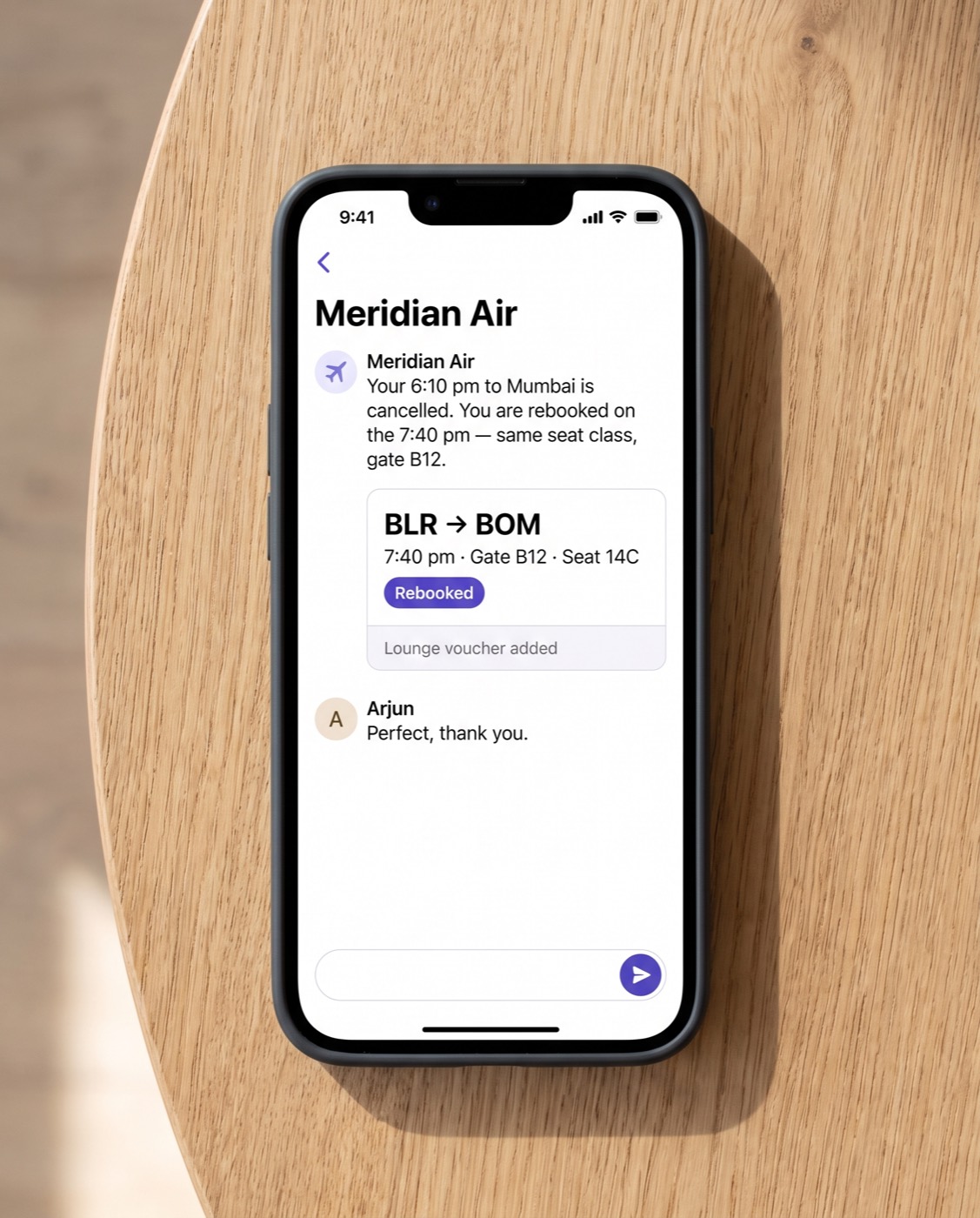 A cancelled flight rebooked in chat — boarding pass and lounge voucher attached